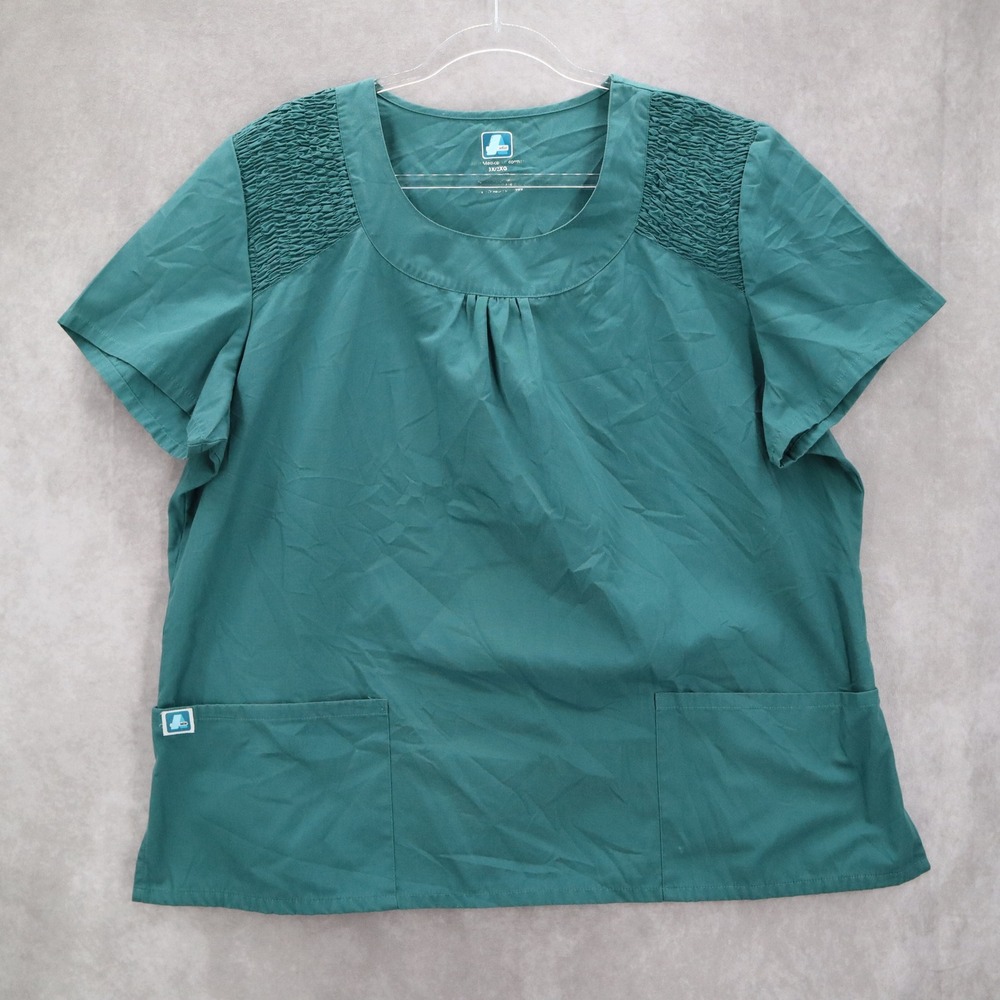 Adar‎ Green Medical Uniform Scoop Neck Smocked Pocket Short Sleeve Top Plus 3XL
